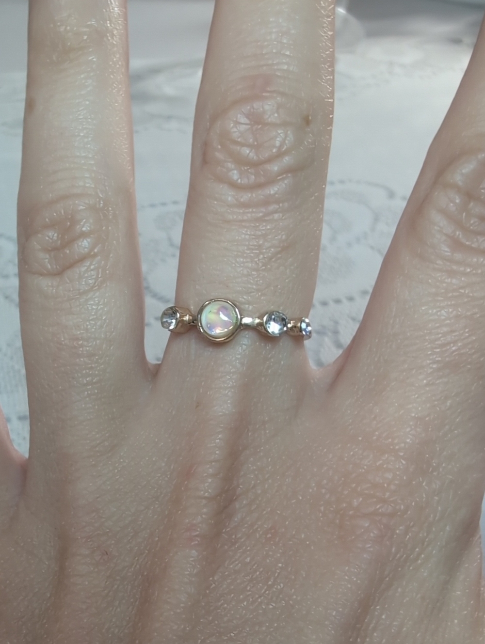 Gold-Tone Opal Accent Ring with Clear Stones - Size 8